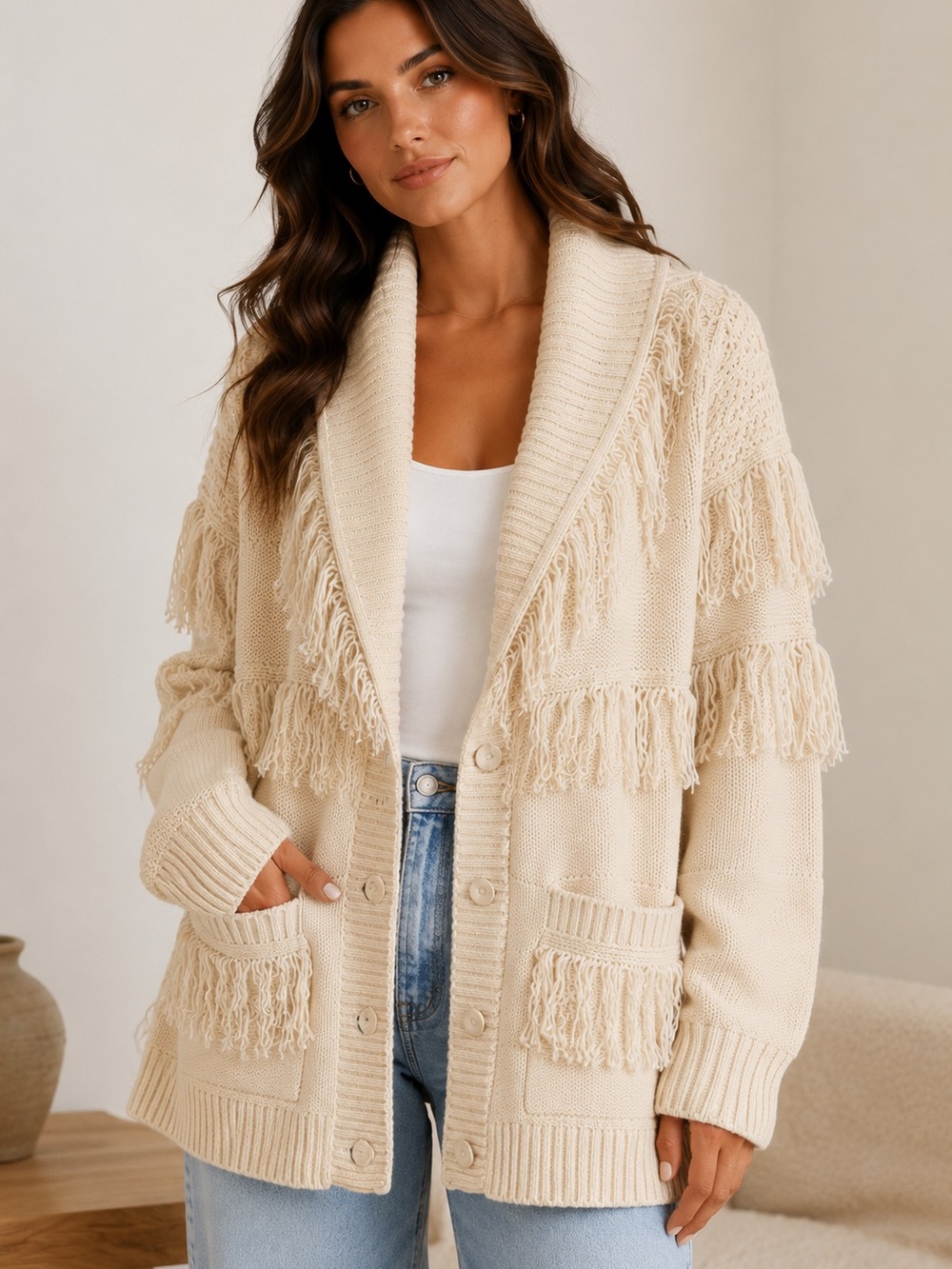 Ariat Cream Fringe Shawl-Collar Cardigan